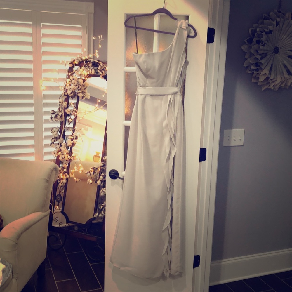 Silver one shoulder bridesmaids gown